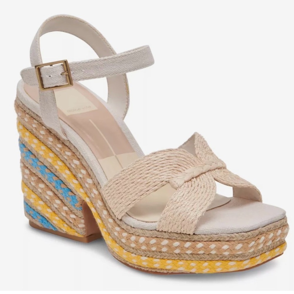 Dolce Vita Beige Braided Platform Sandals with Yellow & Blue Accents